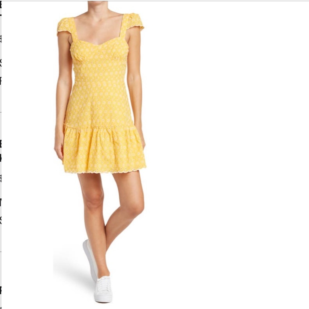 New Betsey Johnson Yellow white Cap Sleeve Eyelet Knit Mini Dress Medium Spring